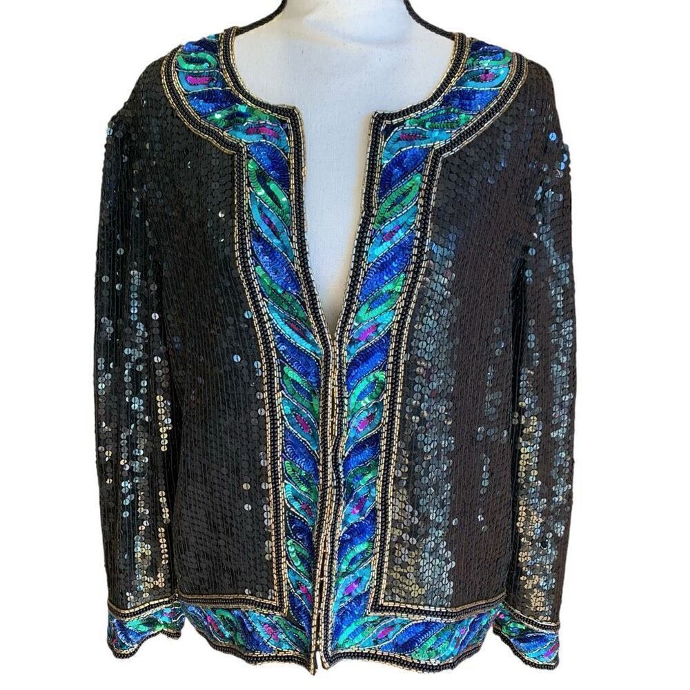 Stenay Vintage 80s Silk Sequins‎ Dinner Jacket Black w/ Multicolor Trim Lined Lg
